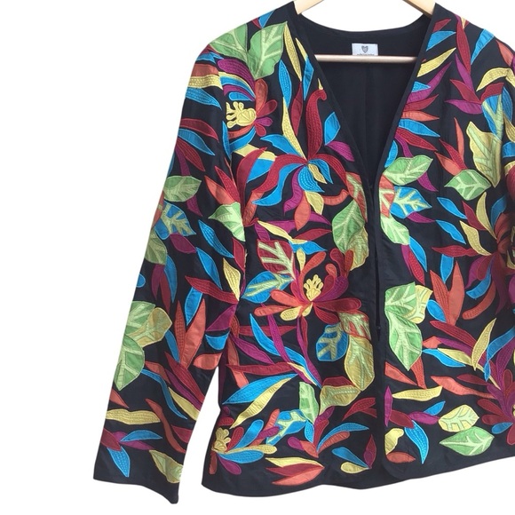Chico’s Artsy Appliqué Multi Color Floral Silk Jacket - Picture 3 of 10